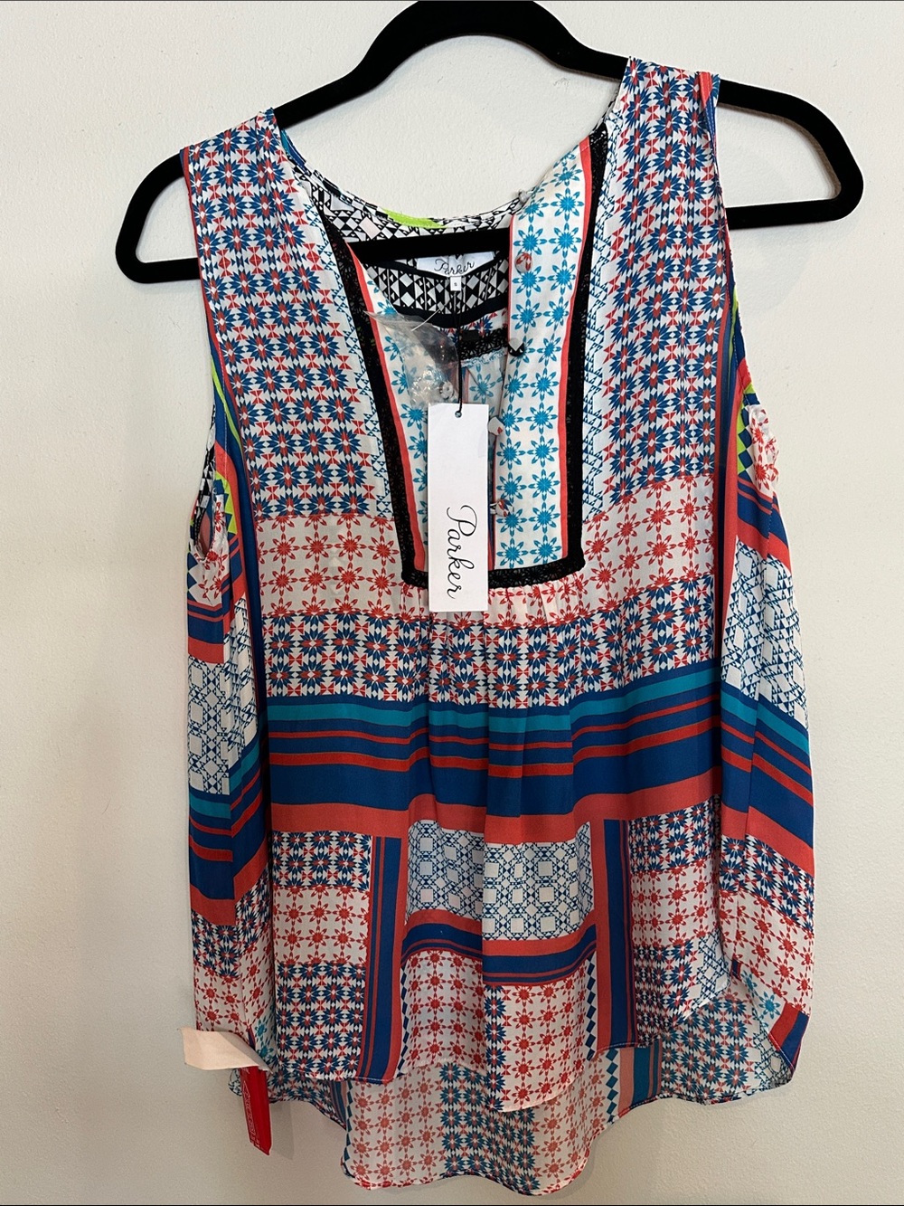 NWT Parker $198 Sleeveless Multi-Print V-Neck Women’s Top - Blue & Coral size S
